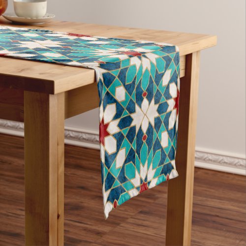 Navy Blue Teal White Red Marble Moroccan Mosaic Short Table Runner