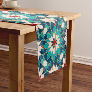 Navy Blue Teal White Red Marble Moroccan Mosaic Short Table Runner
