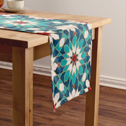 Navy Blue Teal White Red Marble Moroccan Mosaic Short Table Runner