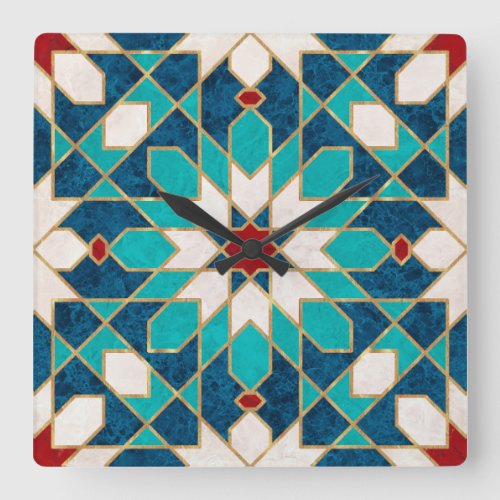 Navy Blue Teal White Red Marble Moroccan Mosaic  Square Wall Clock