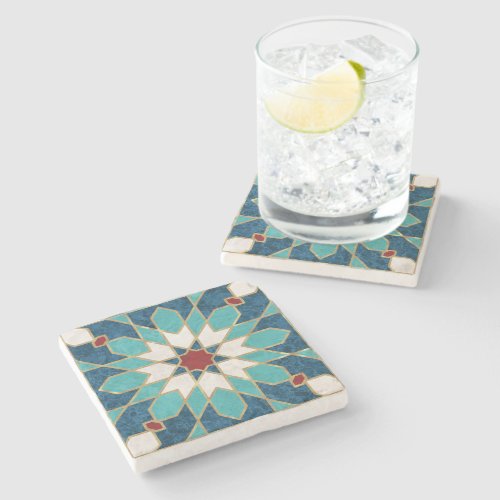 Navy Blue Teal White Red Marble Moroccan Mosaic  Stone Coaster