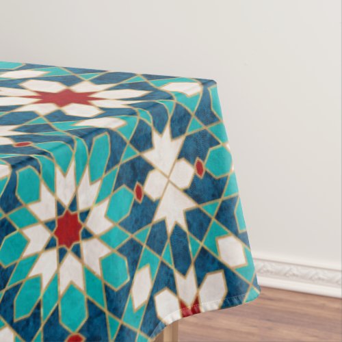 Navy Blue Teal White Red Marble Moroccan Mosaic  Tablecloth