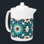 Navy Blue Teal White Red Marble Moroccan Mosaic Teapot<br><div class="desc">Navy blue,  teal,  white and red marble Moroccan mosaic pattern with faux gold border.</div>