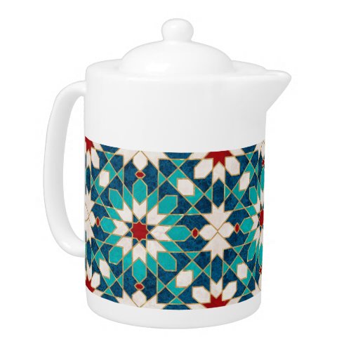 Navy Blue Teal White Red Marble Moroccan Mosaic Teapot