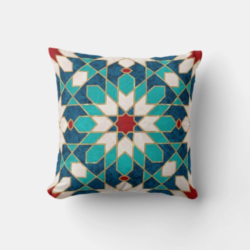 Navy Blue Teal White Red Marble Moroccan Mosaic  Throw Pillow