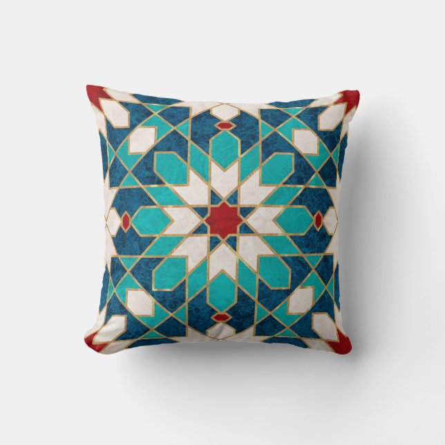 Navy Blue Teal White Red Marble Moroccan Mosaic  Throw Pillow (Front)