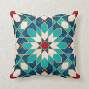 Navy Blue Teal White Red Marble Moroccan Mosaic Throw Pillow