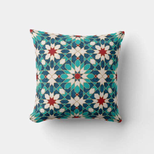 Navy Blue Teal White Red Marble Moroccan Mosaic Throw Pillow