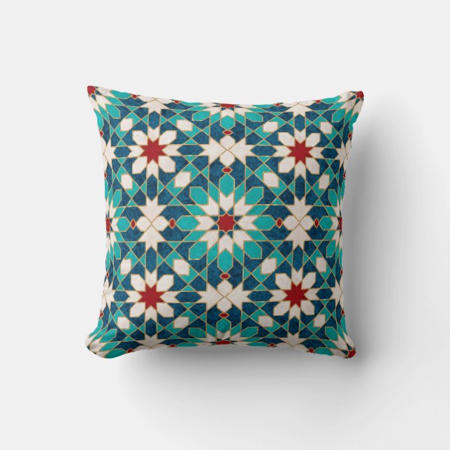Navy Blue Teal White Red Marble Moroccan Mosaic Throw Pillow (Front)