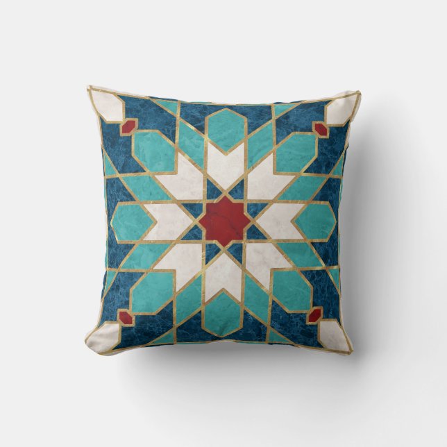 Navy Blue Teal White Red Marble Moroccan Mosaic Throw Pillow (Front)