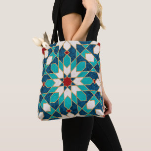 Navy Blue Teal White Red Marble Moroccan Mosaic Tote Bag
