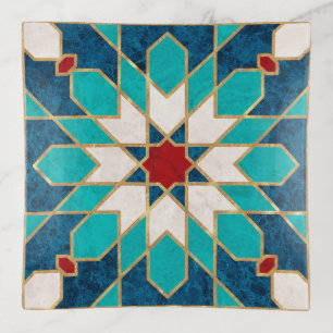 Navy Blue Teal White Red Marble Moroccan Mosaic  Trinket Tray