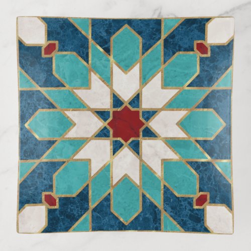 Navy Blue Teal White Red Marble Moroccan Mosaic  Trinket Tray