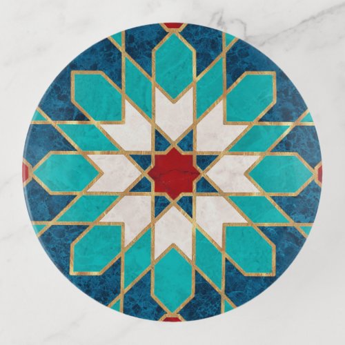 Navy Blue Teal White Red Marble Moroccan Mosaic Trinket Tray