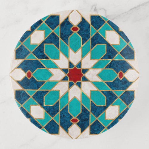 Navy Blue Teal White Red Marble Moroccan Mosaic Trinket Tray