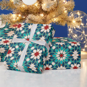 Navy Blue Teal White Red Marble Moroccan Mosaic Wrapping Paper