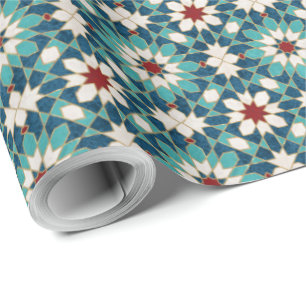 Navy Blue Teal White Red Marble Moroccan Mosaic Wrapping Paper