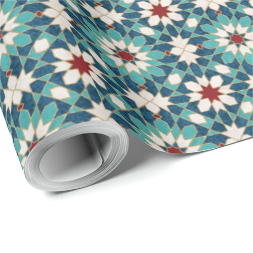 Navy Blue Teal White Red Marble Moroccan Mosaic  Wrapping Paper