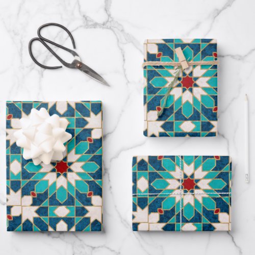 Navy Blue Teal White Red Marble Moroccan Mosaic   Wrapping Paper Sheets