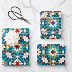 Navy Blue Teal White Red Marble Moroccan Mosaic Wrapping Paper Sheets