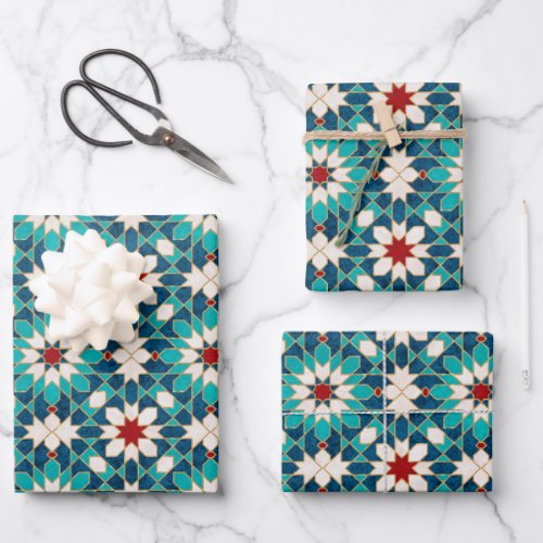 Navy Blue Teal White Red Marble Moroccan Mosaic  Wrapping Paper Sheets