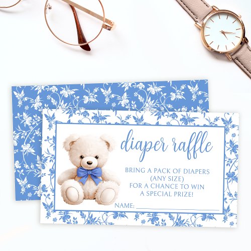 Navy blue teddy bear baby boy shower diaper raffle enclosure card