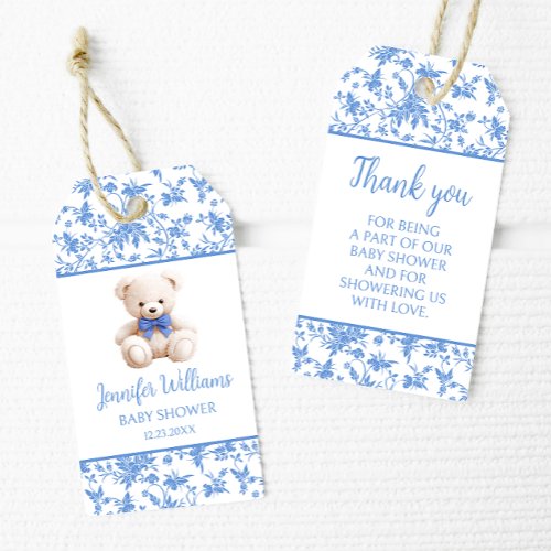 Navy blue teddy bear baby boy shower thank you gift tags