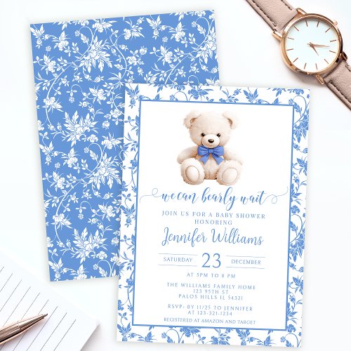 Navy blue teddy bear floral baby boy shower invitation