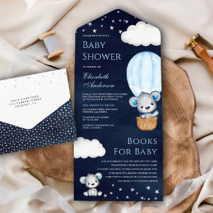 Navy Blue Teddy Bear Hot Air Balloon Baby Shower All In One Invitation