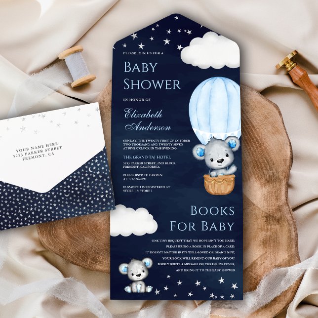 Navy Blue Teddy Bear Hot Air Balloon Baby Shower All In One Invitation (Creator Uploaded)