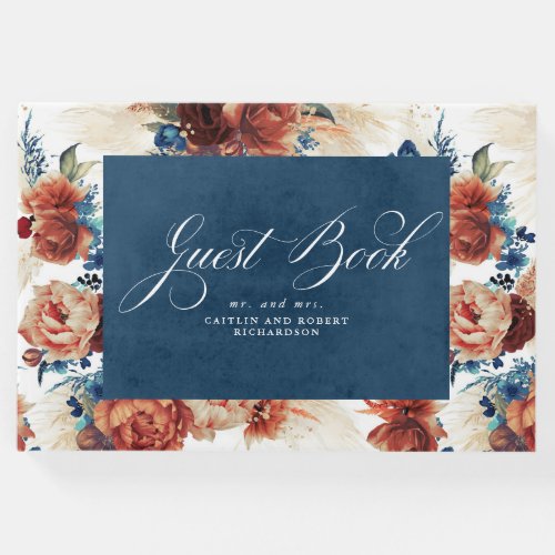 Navy Blue Terracotta Boho Floral Wedding Guest Book