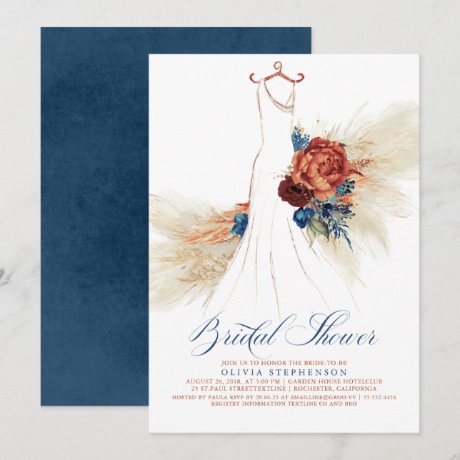 Navy Blue Terracotta Floral Boho Bridal Shower Invitation (Front/Back)