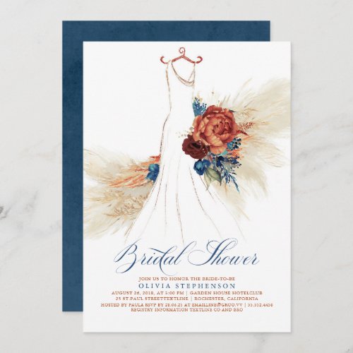 Navy Blue Terracotta Floral Boho Bridal Shower Invitation