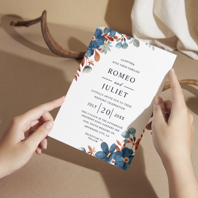 Navy Blue Terracotta Floral Boho Wedding Invitation (Creator Uploaded)