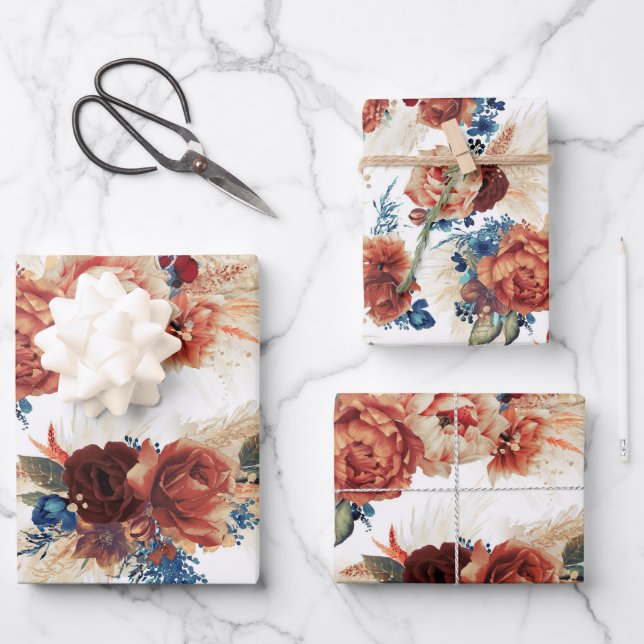 Navy Blue Terracotta Floral Pampas Grass Botanical Wrapping Paper Sheets (Front)