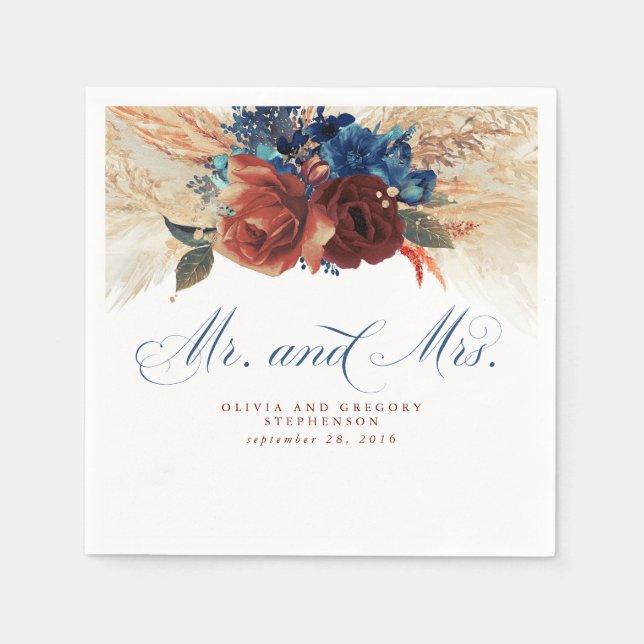 Navy Blue Terracotta Floral Pampas Grass Wedding Napkins (Front)