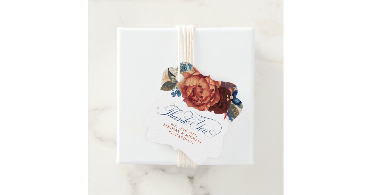 Navy Blue Terracotta Floral Wedding Thank You Favor Tags | Zazzle