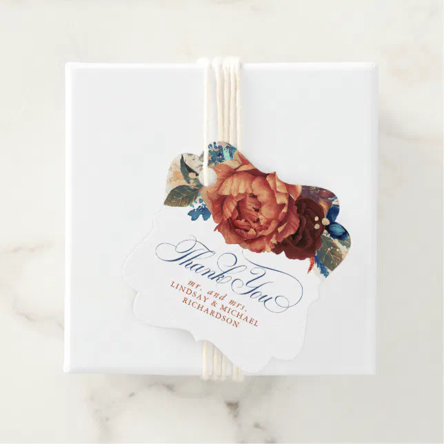 Navy Blue Terracotta Floral Wedding Thank You Favor Tags | Zazzle