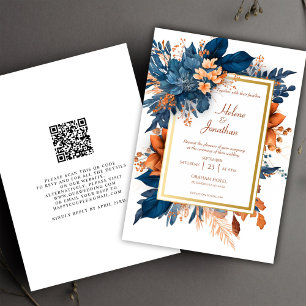 Navy Blue Terracotta Garden Boho Elegant Wedding Invitation