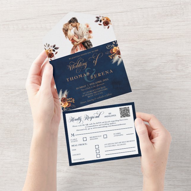 Navy Blue Terracotta QR Code All in One Wedding  All In One Invitation (Tearaway)