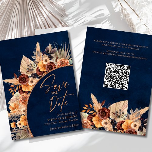 Navy Blue  Terracotta QR Code Save The Date Invitation