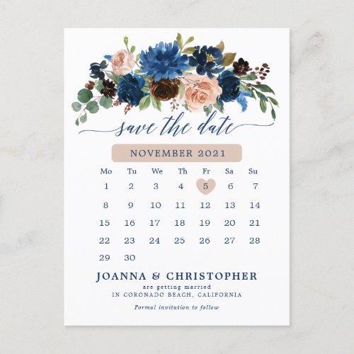 Navy Blue Terracotta Rose Botanical Save the Date Announcement Postcard