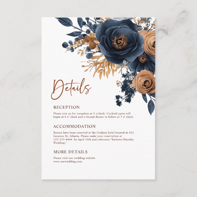 Navy Blue Terracotta Rust Elegant Wedding Details Enclosure Card (Front)