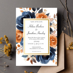 Navy Blue Terracotta Watercolor Elegant Wedding Invitation