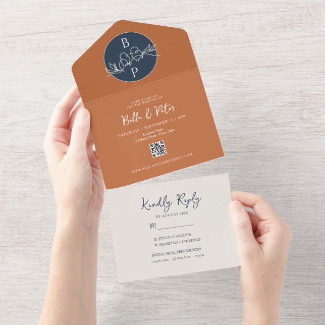 Navy Blue Terracotta Wedding All In One Invitation (Tearaway)