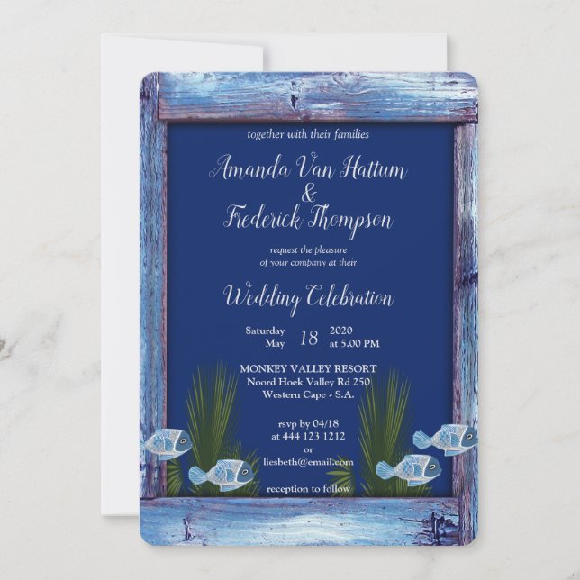 Navy Blue texture Pink Coral & Fish Invitation (Front)