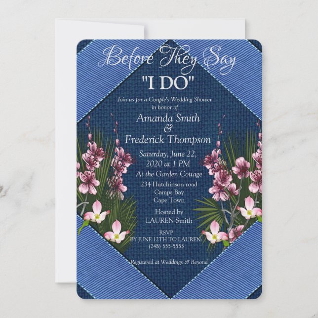 Navy - Blue Textured & Pink Flowers Wedding Shower Invitation (Front)