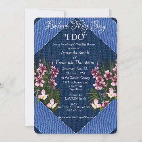 Navy _ Blue Textured  Pink Flowers Wedding Shower Invitation