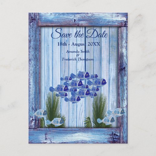 Navy _ Blue Textured underwate fish Save the Dates Announcement Postcard