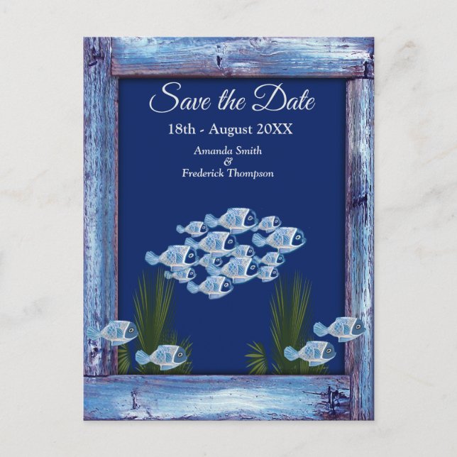 Navy - Blue Textured underwate fish Save the Dates Announcement Postcard (Front)